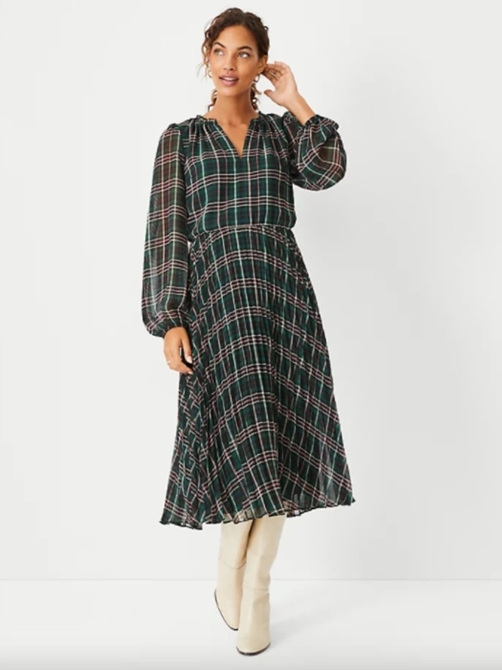Ann Taylor Plaid Midi Dress in Dark Green and Pink - Size 14